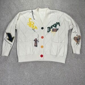Ebossy Cream Cable Knit Cardigan‎ Sweater with Patches & Embroidery Size L boho